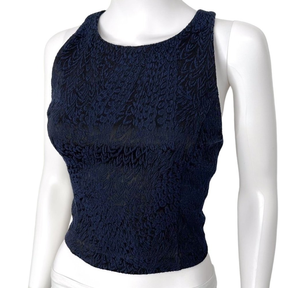 Intermix Embossed Textured High Neck Princess Seam Crop Blouse Top Navy Black
